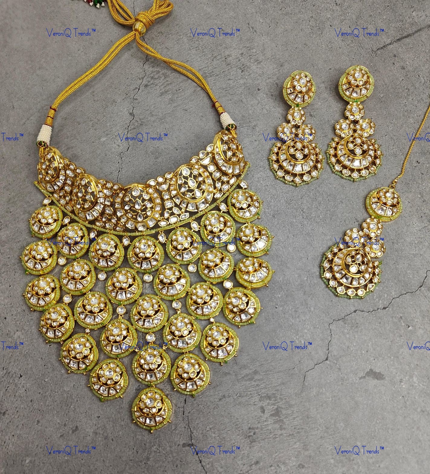 VeroniQ Trends-Royal Bridal Gold Plated Polki Chandbali Jhalar Chokar Necklace with Earring and Maang-Tika Polki-Gold Plated-Wedding Jewellery-Punjabi Jewellery-South Indian-Thappa Jewellery