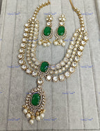 VeroniQ Trends-Victorian Bridal Triple Layer Emerald And Polki Long Necklace Polki-Emerald Stone-Gold Plated-Wedding Jewelry-Punjabi Jewelry-South Indian-Thappa Jewelry