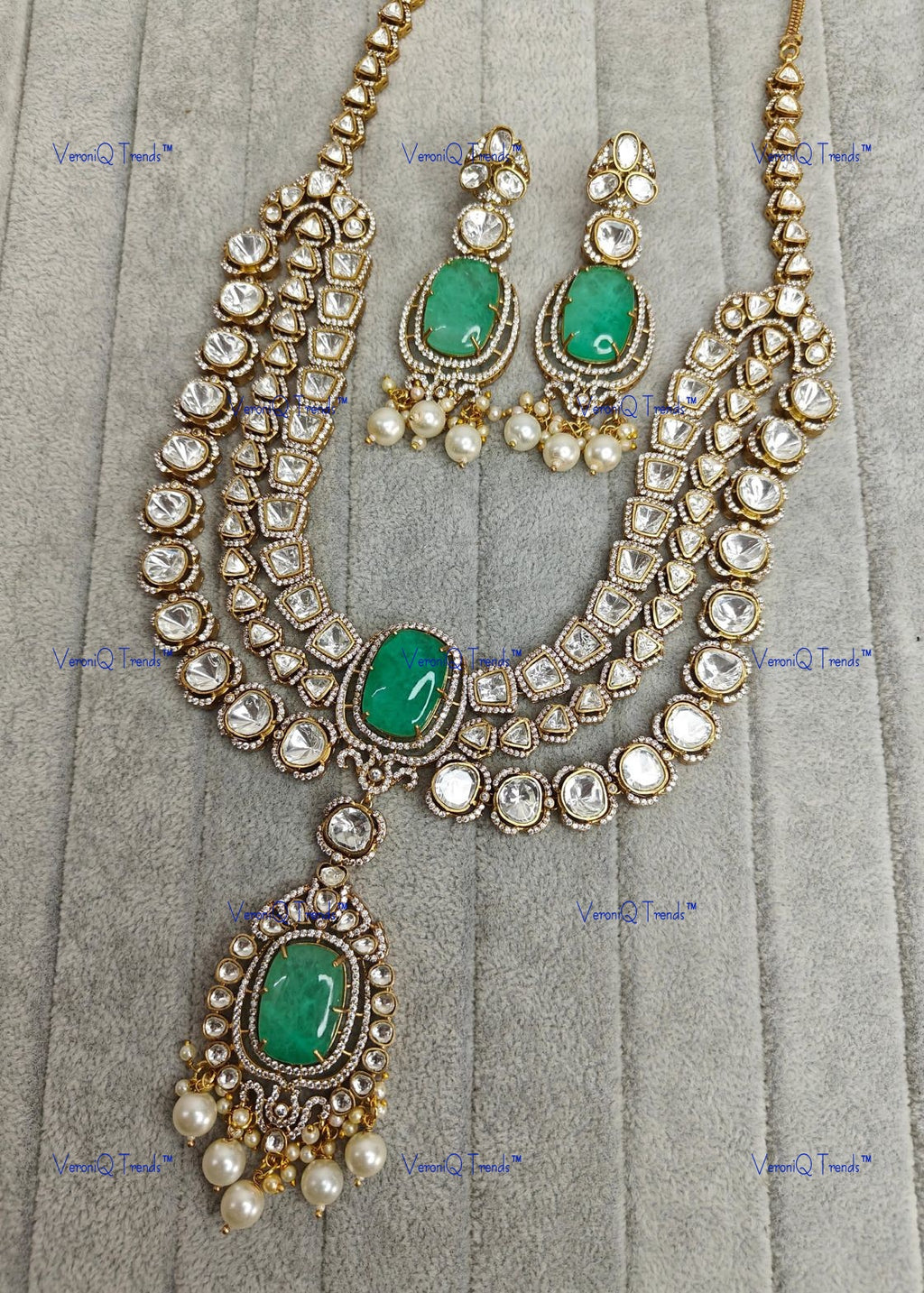 VeroniQ Trends-Victorian Bridal Triple Layer Emerald And Polki Long Necklace Polki-Emerald Stone-Gold Plated-Wedding Jewelry-Punjabi Jewelry-South Indian-Thappa Jewelry