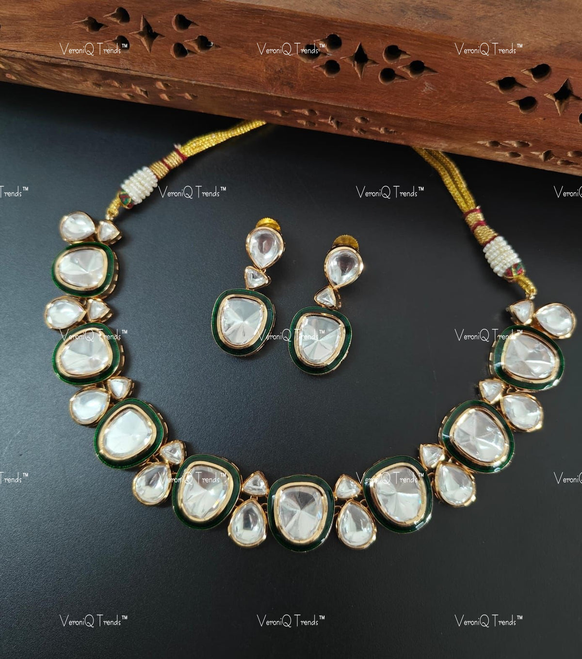 VeroniQ Trends-Victorian Cocktail Party Green Meenakari Polki Choker Necklace Polki-Gold Plated-Wedding Jewelry-Punjabi Jewelry-South Indian-Thappa Jewelry