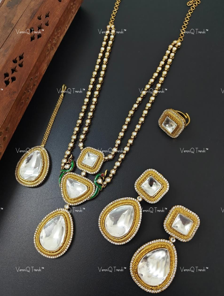 VeroniQ Trends-Designer Double Line Polki Necklace With Earring Tikka and Ring Polki-Gold Plated-Wedding Jewellery-Punjabi Jewellery-South Indian-Thappa Jewellery