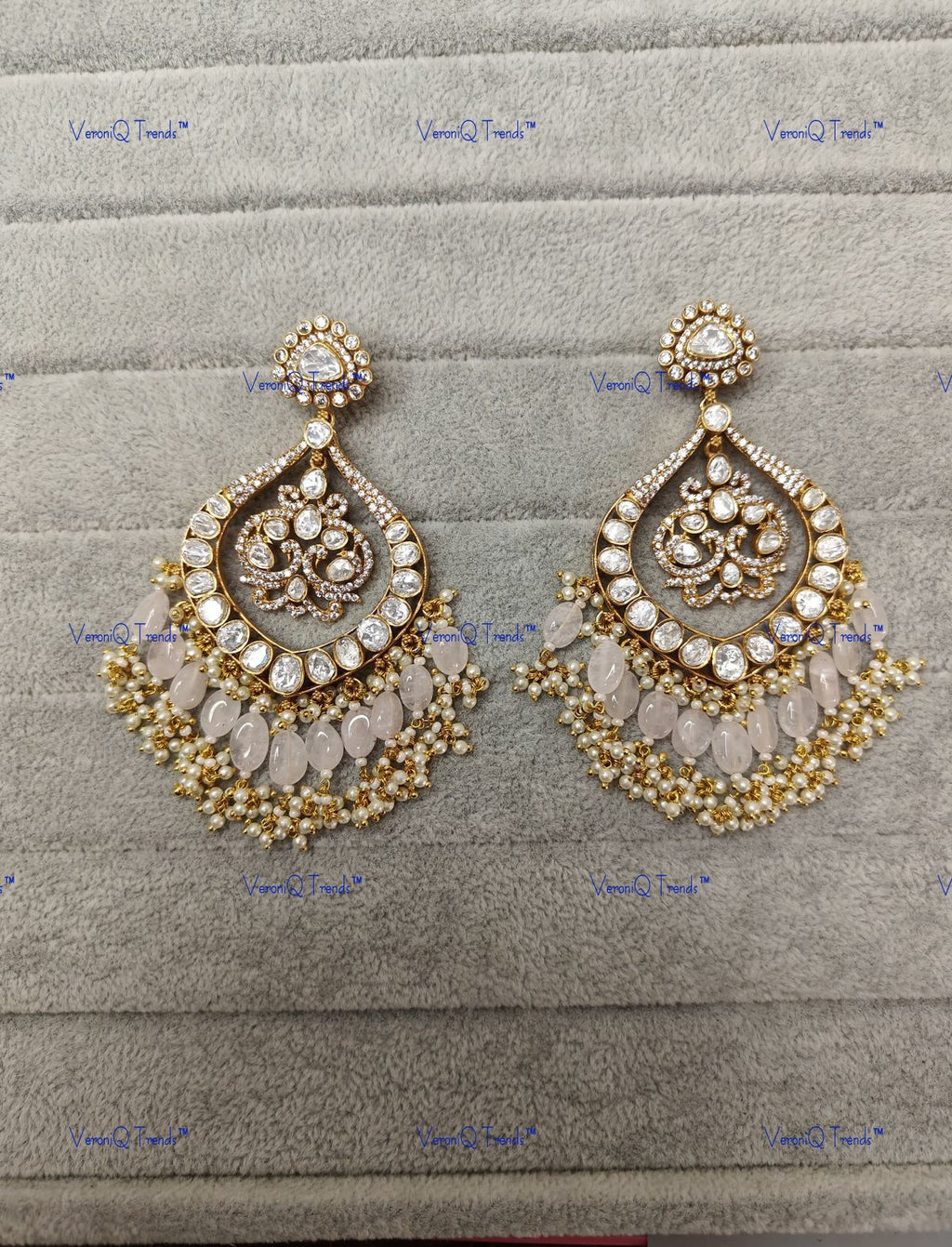VeroniQ Trends-Victorian Chandbali Polki Long Earring Polki-Gold Plated-Wedding Jewelry-Punjabi Jewelry-South Indian-Thappa Jewelry