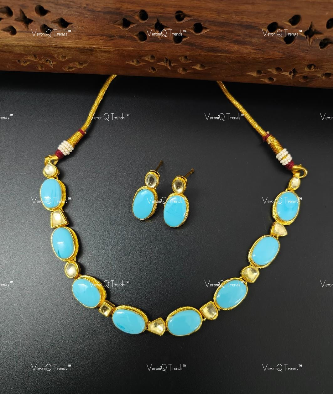 VeroniQ Trends-Antique Sky Blue Stone and Polki Choker Necklace Set Polki-Gold Plated-Wedding Jewellery-Punjabi Jewellery-South Indian-Thappa Jewellery