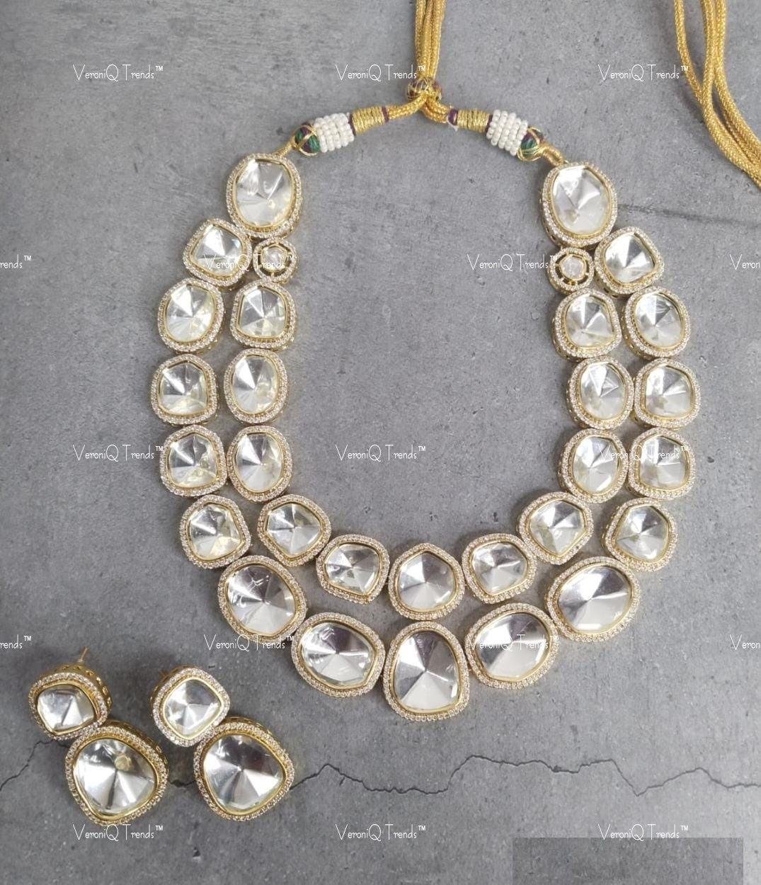 VeroniQ Trends-Victorian Diamond Look Double Line Polki Mid Length Necklace Polki-Gold Plated-Wedding Jewelry-Punjabi Jewelry-South Indian-Thappa Jewelry