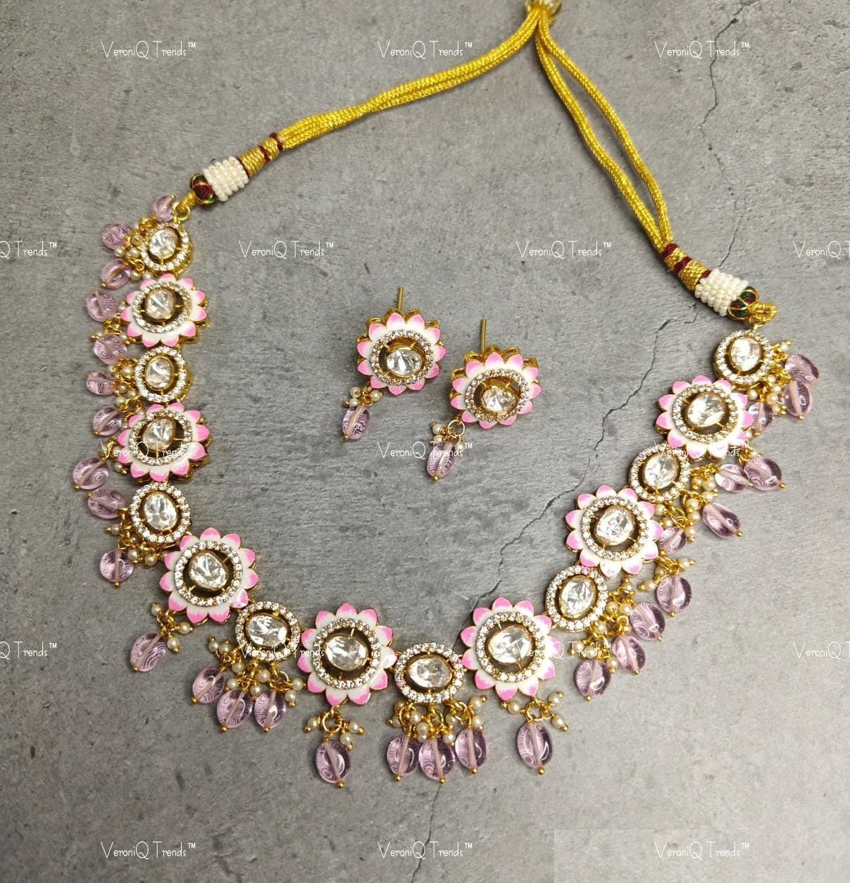 VeroniQ Trends-Rose Floral Polki Choker Necklace Set Polki-Gold Plated-Wedding Jewellery-Punjabi Jewellery-South Indian-Thappa Jewellery