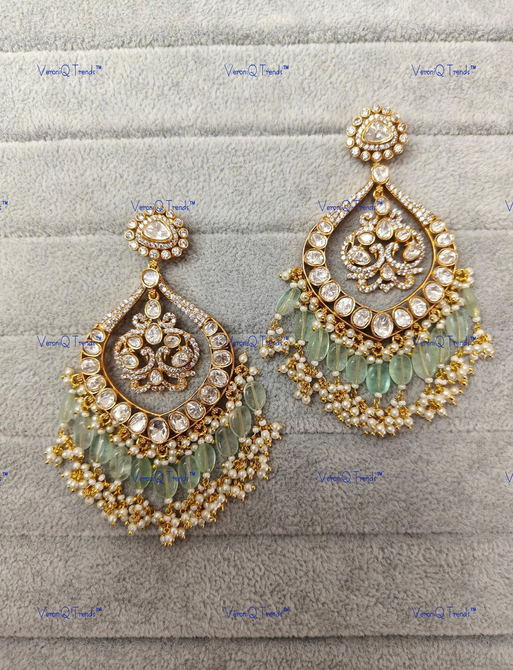 VeroniQ Trends-Victorian Chandbali Polki Long Earring Polki-Gold Plated-Wedding Jewelry-Punjabi Jewelry-South Indian-Thappa Jewelry