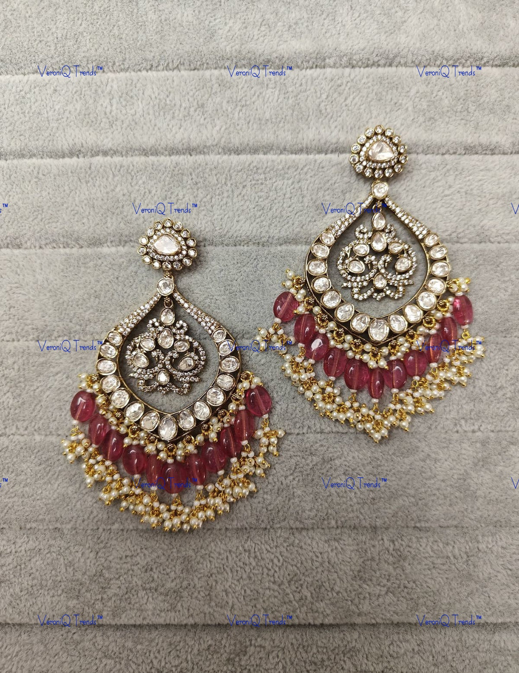 VeroniQ Trends-Victorian Chandbali Polki Long Earring Polki-Gold Plated-Wedding Jewelry-Punjabi Jewelry-South Indian-Thappa Jewelry