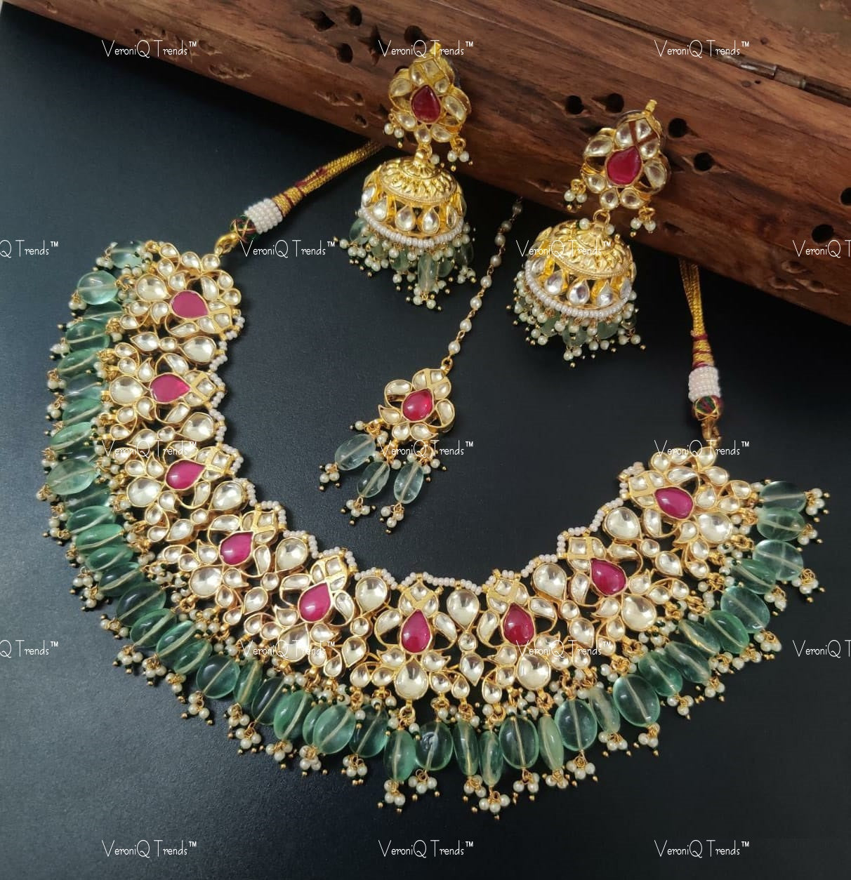 VeroniQ Trends-Bridal Punjabi Style Pachi Kundan Polki Necklace With Jhumki Earrings Polki-Gold Plated-Wedding Jewellery-Punjabi Jewellery-South Indian-Thappa Jewellery
