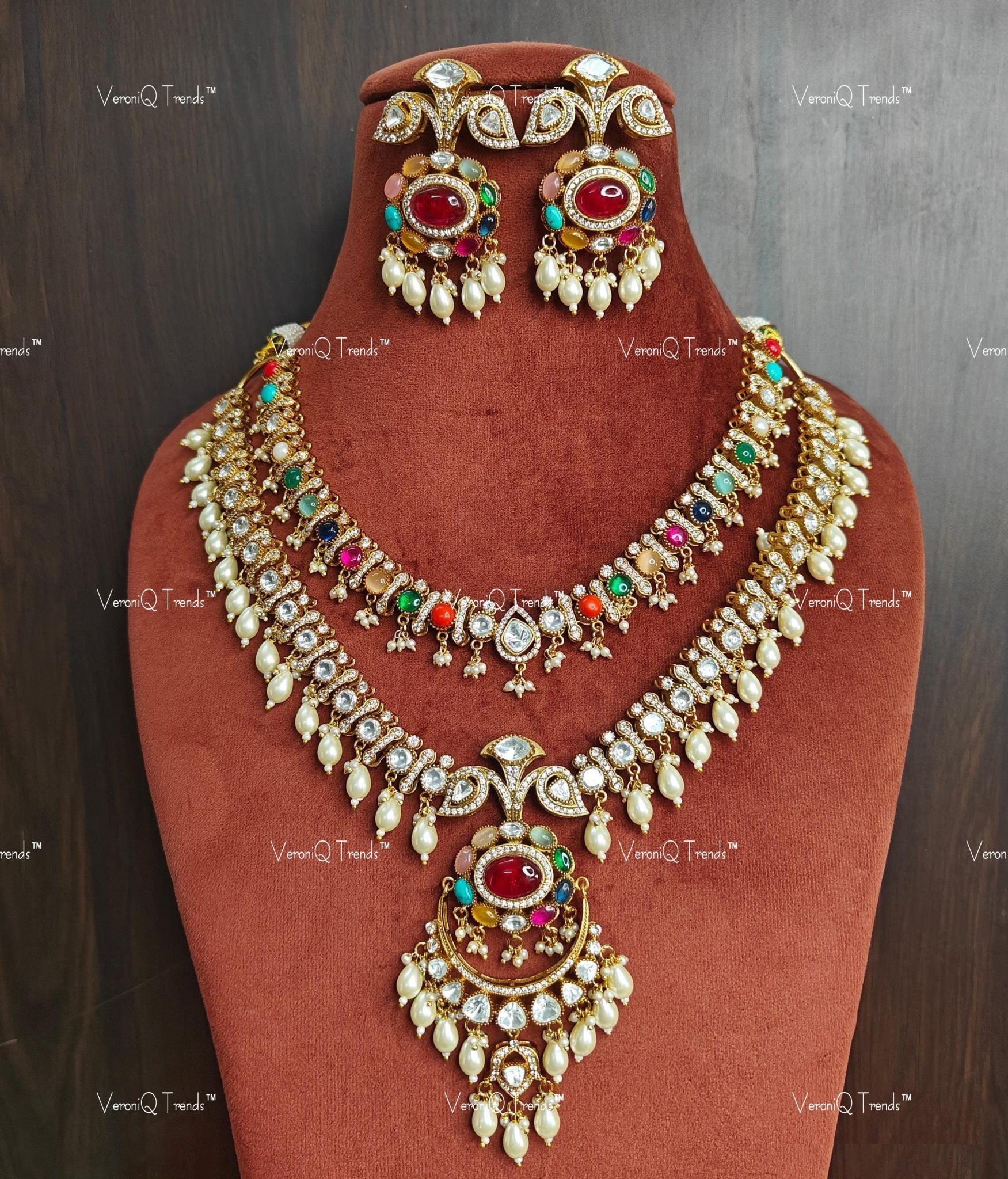VeroniQ Trends-Navratan Polki Pearl Mid Length and Long Necklace Polki-Gold Plated-Wedding Jewellery-Punjabi Jewellery-South Indian-Thappa Jewellery