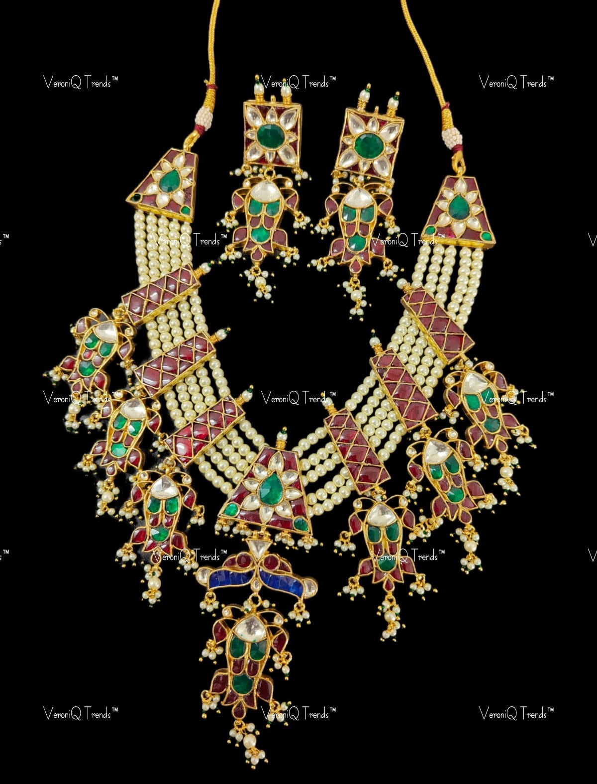 VeroniQ Trends-Traditional Pachi Kundan And Multistrand Pearl Beads Long Necklace Polki-Gold Plated-Wedding Jewellery-Punjabi Jewellery-South Indian-Thappa Jewellery