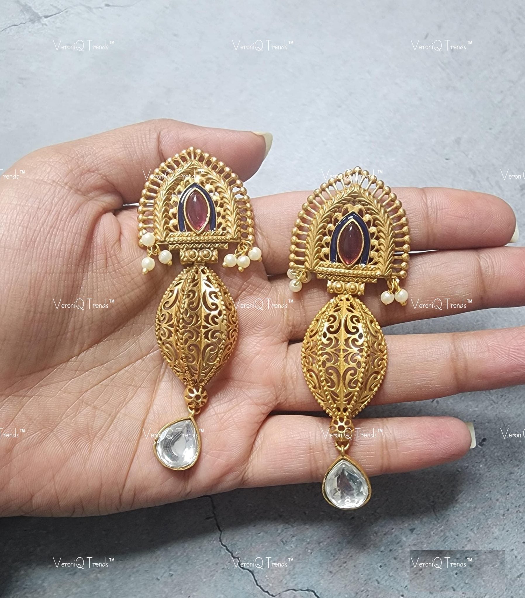 VeroniQ Trends-Gold Plated Ruby And Polki Earrings Polki-Ruby Stone-Gold Plated-Wedding Jewellery-Punjabi Jewellery-South Indian-Thappa Jewellery