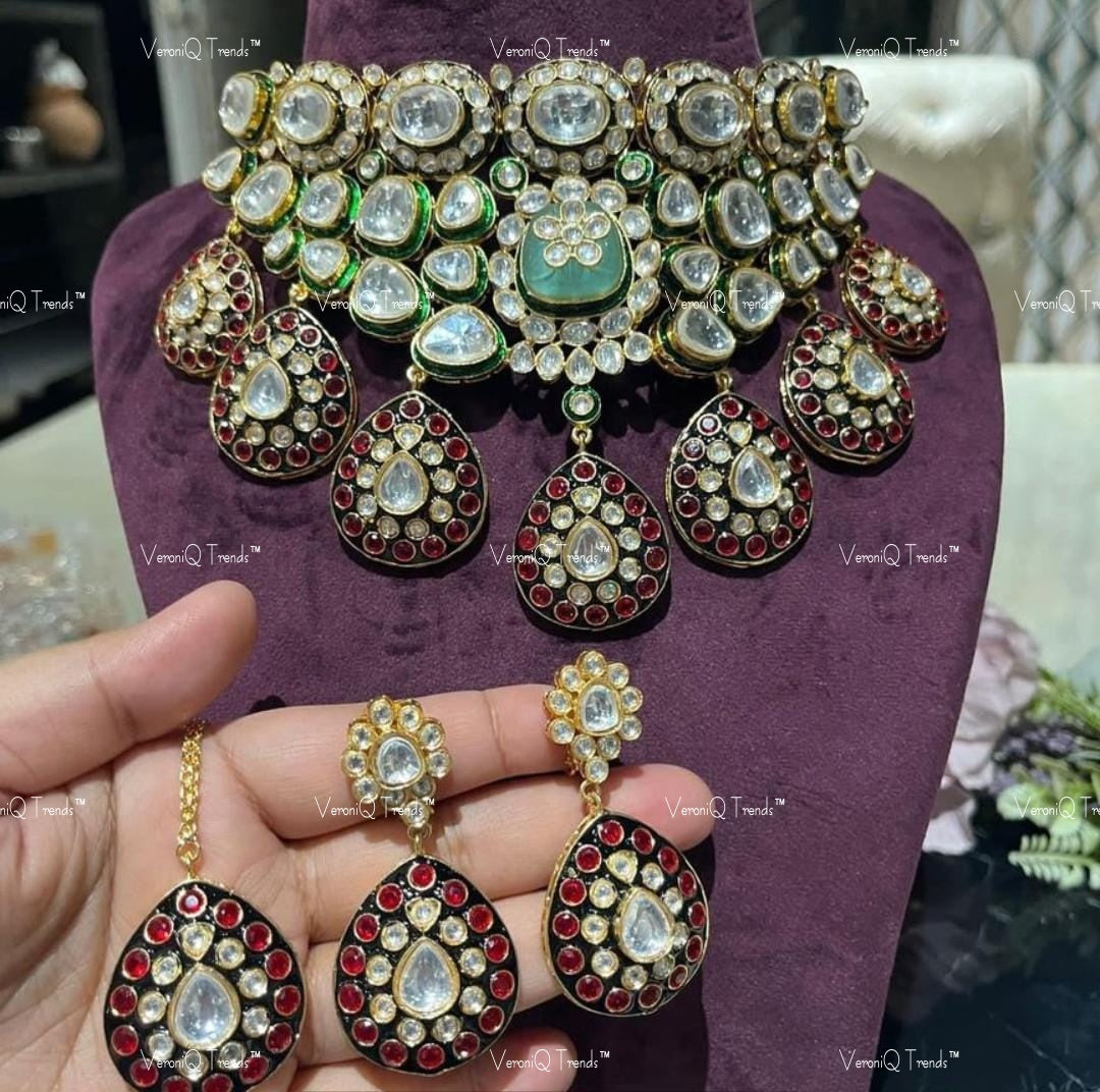 VeroniQ Trends-Victorian Bridal Emerald Ruby And Polki Choker Necklace Polki-Emerald Stone-Ruby Stone-Gold Plated-Wedding Jewellery-Punjabi Jewellery-South Indian-Thappa Jewellery