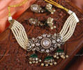 VeroniQ Trends-Traditional Multistrand Pearl And Polki Choker Necklace With Emerald Green Beads Polki-Gold Plated-Wedding Jewellery-Punjabi Jewellery-South Indian-Thappa Jewellery