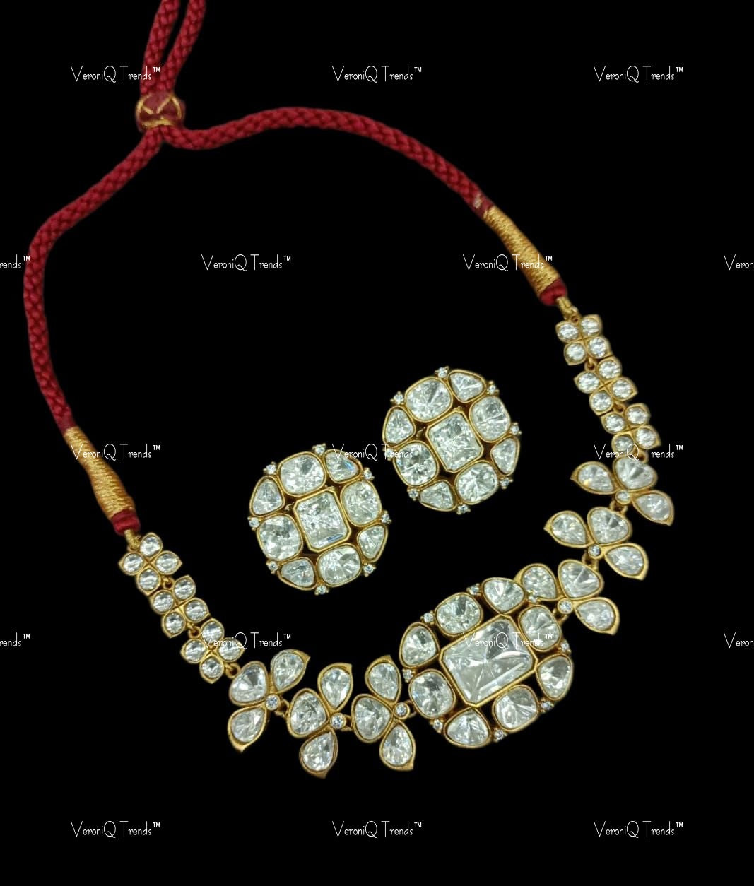 VeroniQ Trends-Diamond Look Polki Choker Necklace with Polki-Gold Plated-Wedding Jewellery-Punjabi Jewellery-South Indian-Thappa Jewellery