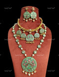 VeroniQ Trends-Green Stone Craving And Polki Hasli And Long Necklace Set Polki-Meenakari-Gold Plated-Wedding Jewellery-Punjabi Jewellery-South Indian-Thappa Jewellery