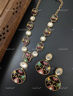 VeroniQ Trends-Carved Stone Multicolor Polki Long Pendant Polki Necklace with Earring Polki-Gold Plated-Wedding Jewelry-Punjabi Jewelry-South Indian-Thappa Jewelry