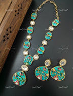 VeroniQ Trends-Carved Stone Multicolor Polki Long Pendant Polki Necklace with Earring Polki-Gold Plated-Wedding Jewelry-Punjabi Jewelry-South Indian-Thappa Jewelry