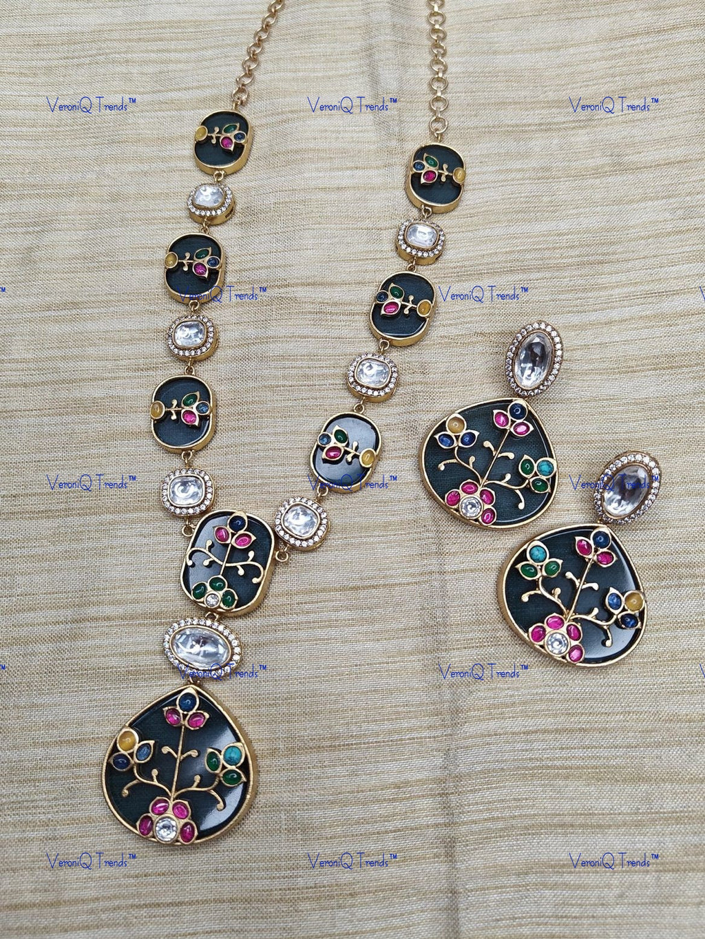 VeroniQ Trends-Carved Stone Multicolor Polki Long Pendant Polki Necklace with Earring Polki-Gold Plated-Wedding Jewellery-Punjabi Jewellery-South Indian-Thappa Jewellery