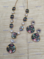 VeroniQ Trends-Carved Stone Multicolor Polki Long Pendant Polki Necklace with Earring Polki-Gold Plated-Wedding Jewelry-Punjabi Jewelry-South Indian-Thappa Jewelry