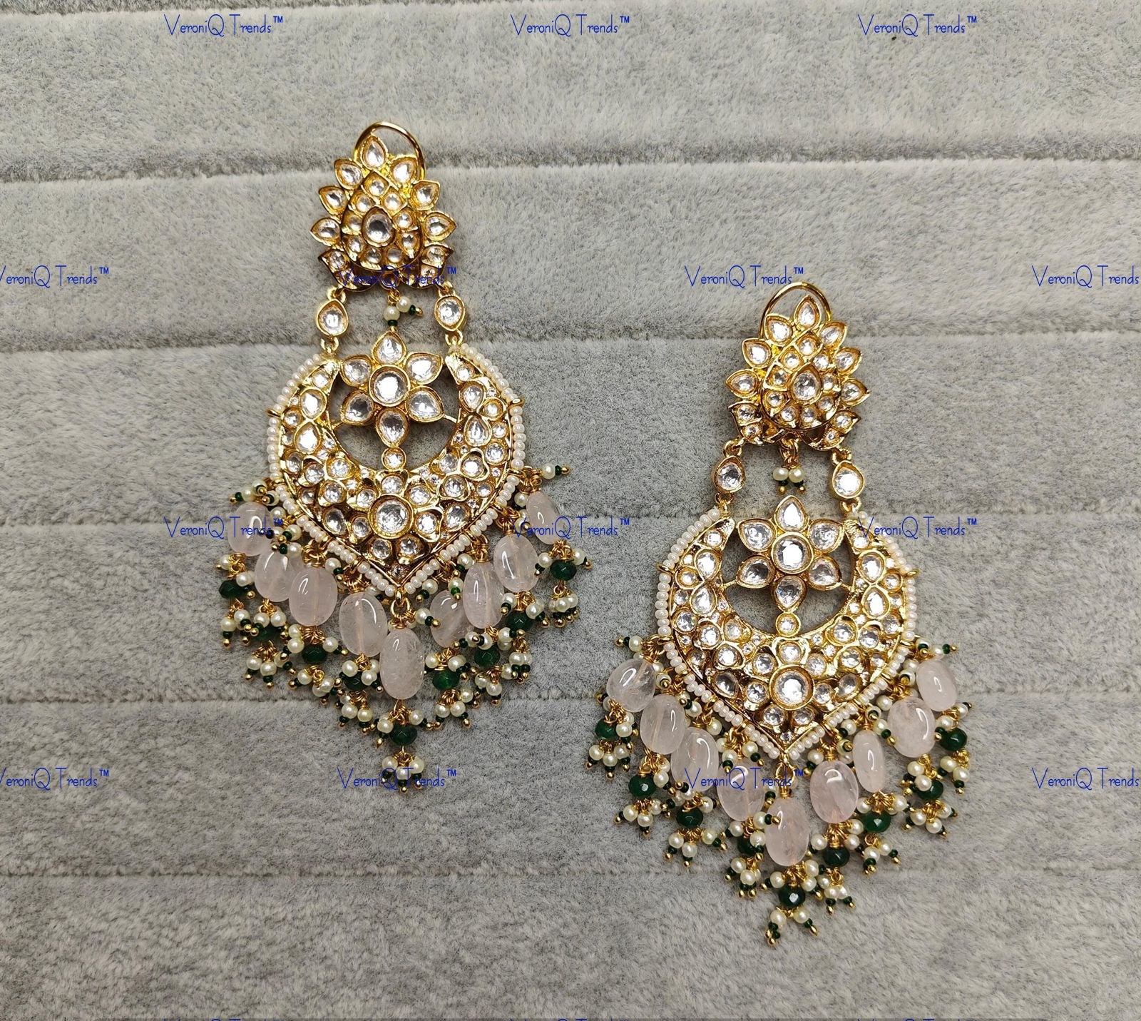 VeroniQ Trends-Victorian Chandbali Polki Earring with Light Pink Beads Polki-Gold Plated-Wedding Jewelry-Punjabi Jewelry-South Indian-Thappa Jewelry
