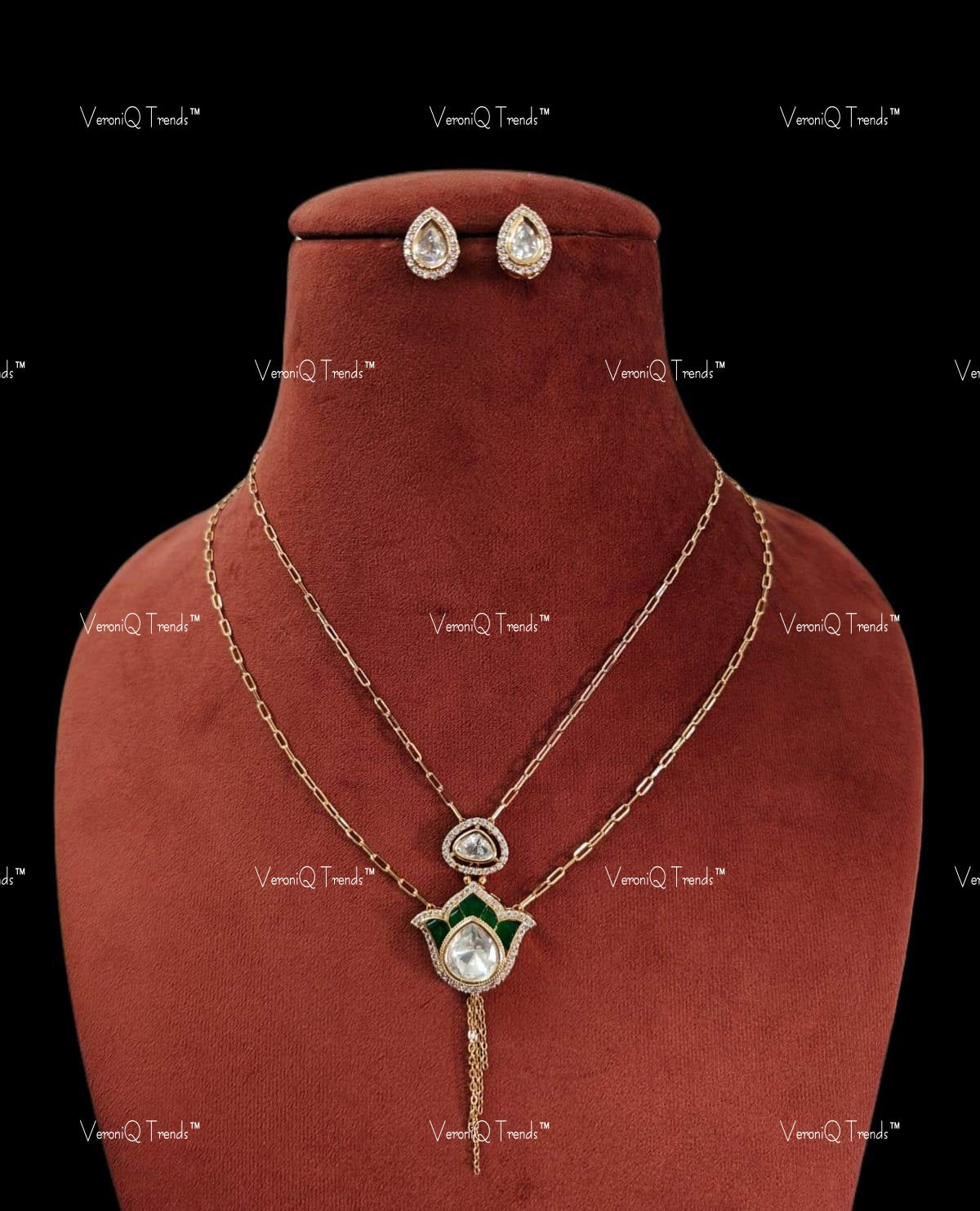 VeroniQ Trends-Double Line Emerald Pendant Polki Necklace Polki-Emerald Stone-Gold Plated-Wedding Jewellery-Punjabi Jewellery-South Indian-Thappa Jewellery