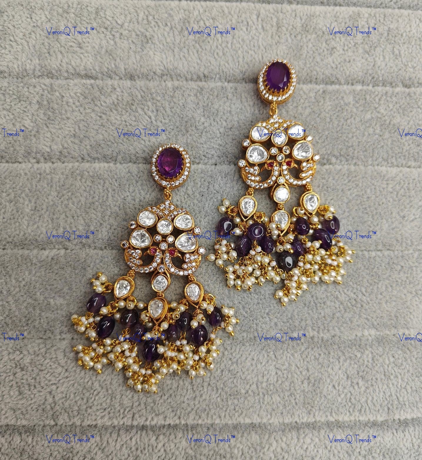 VeroniQ Trends-Victorian Amethyst and Polki Earring Moissanite Polki-Amethyst Stone-Gold Plated-Wedding Jewellery-Punjabi Jewellery-South Indian-Thappa Jewellery