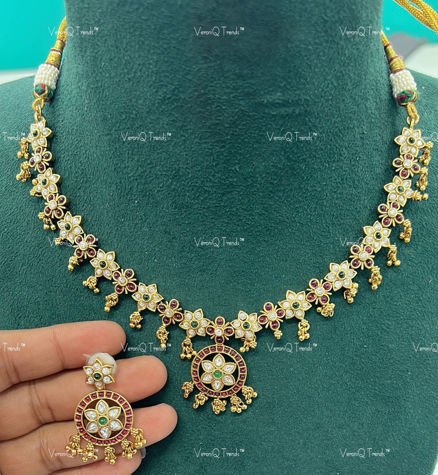 VeroniQ Trends-Traditional Temple Style Polki Necklace Polki-Gold Plated-Wedding Jewellery-Punjabi Jewellery-South Indian-Thappa Jewellery