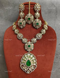 VeroniQ Trends-Victorian Bridal Emerald and Polki Necklace with Earring And Maang Tika Polki-Emerald Stone-Gold Plated-Wedding Jewellery-Punjabi Jewellery-South Indian-Thappa Jewellery