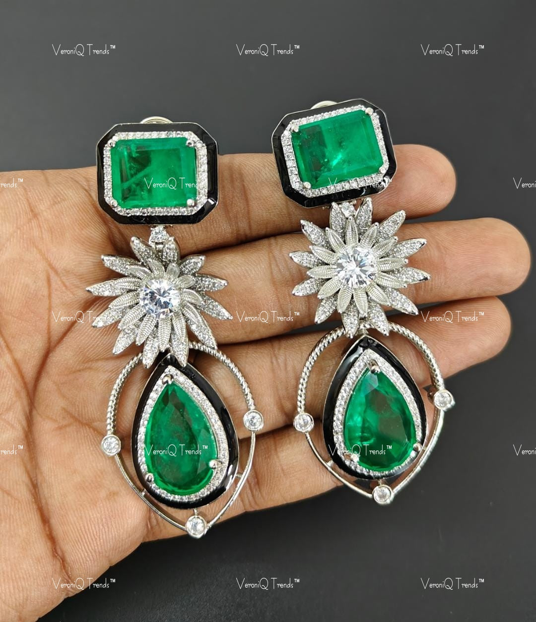 VeroniQ Trends-Designer Emerald And Polki Earrings Polki-Emerald Stone-Gold Plated-Wedding Jewellery-Punjabi Jewellery-South Indian-Thappa Jewellery