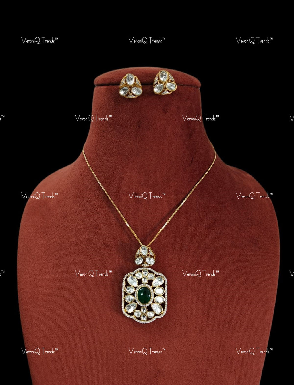 VeroniQ Trends-Polki Pendant with Studs Mid Length Chain Necklace Polki-Gold Plated-Wedding Jewellery-Punjabi Jewellery-South Indian-Thappa Jewellery