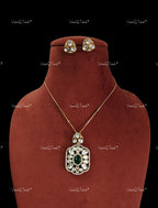 VeroniQ Trends-Polki Pendant with Studs Mid Length Chain Necklace Polki-Gold Plated-Wedding Jewelry-Punjabi Jewelry-South Indian-Thappa Jewelry