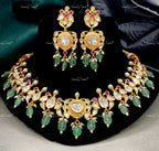 VeroniQ Trends-Traditional Polki Choker Necklace With Emerald Green Beads Polki-Gold Plated-Wedding Jewelry-Punjabi Jewelry-South Indian-Thappa Jewelry