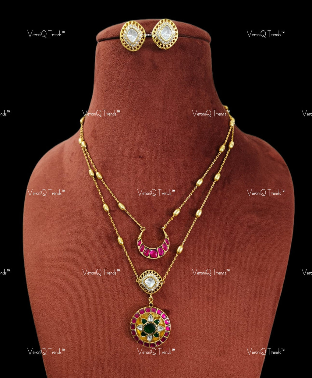 VeroniQ Trends-Designer Ruby Moon And Dangler Pendant Double Chain Necklace Polki-Gold Plated-Wedding Jewellery-Punjabi Jewellery-South Indian-Thappa Jewellery