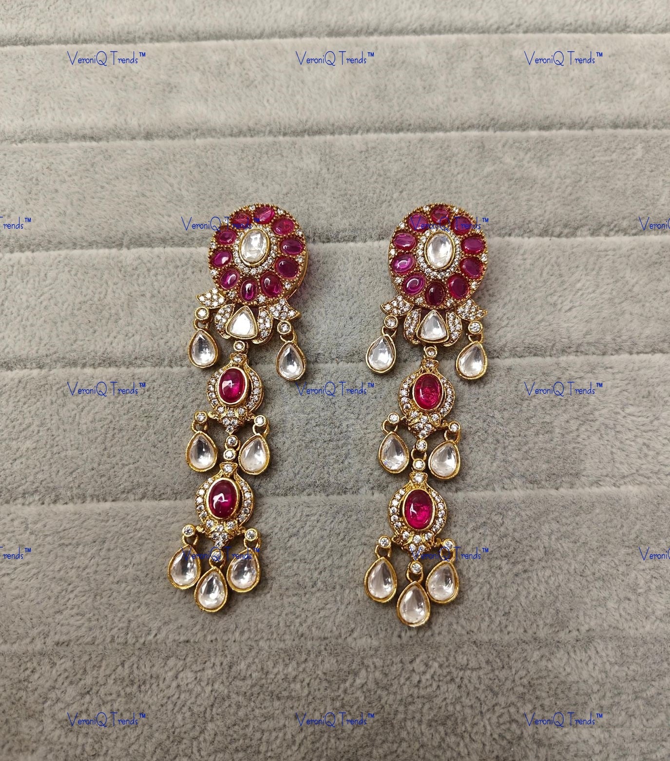 VeroniQ Trends- Elegant Drop Polki Earring Polki-Gold Plated-Wedding Jewellery-Punjabi Jewellery-South Indian-Thappa Jewellery