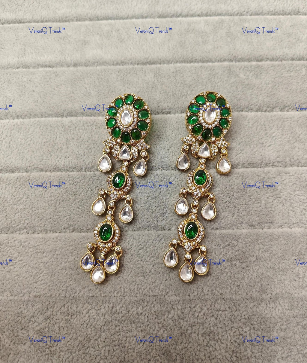 VeroniQ Trends- Elegant Drop Polki Earring Polki-Gold Plated-Wedding Jewellery-Punjabi Jewellery-South Indian-Thappa Jewellery