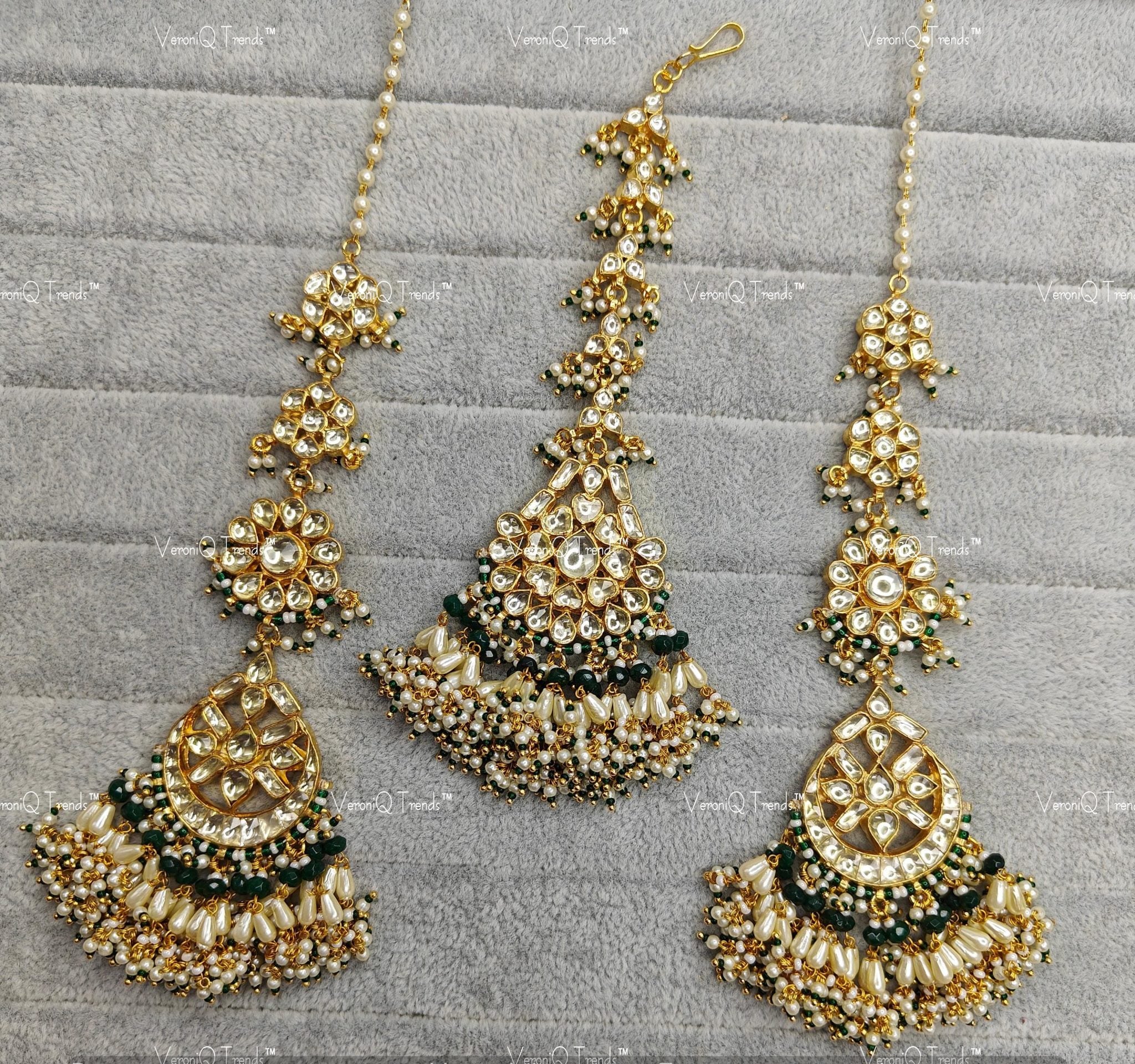 VeroniQ Trends-Victorian Chandbali Polki Earrings And Maang Tikka Polki-Gold Plated-Wedding Jewelry-Punjabi Jewelry-South Indian-Thappa Jewelry