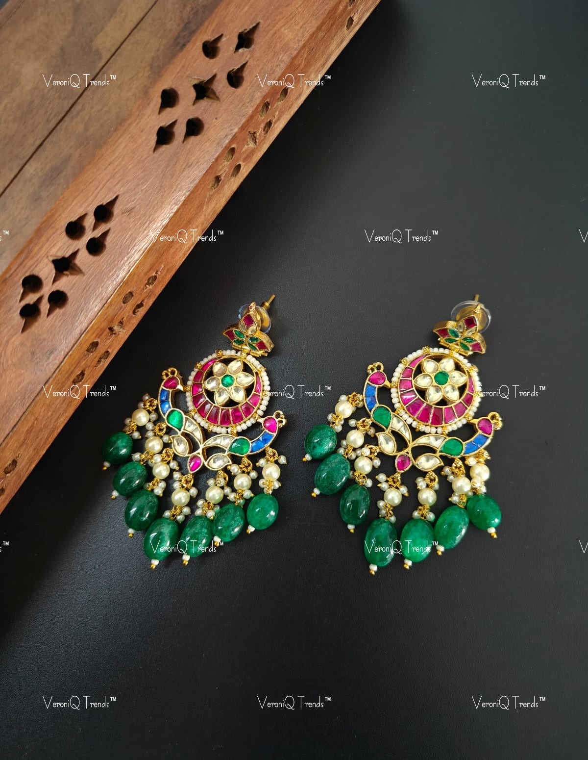 VeroniQ Trends-Gold Plated Polki Chandbali Earrings With Emerald Green Beads Polki-Gold Plated-Wedding Jewellery-Punjabi Jewellery-South Indian-Thappa Jewellery