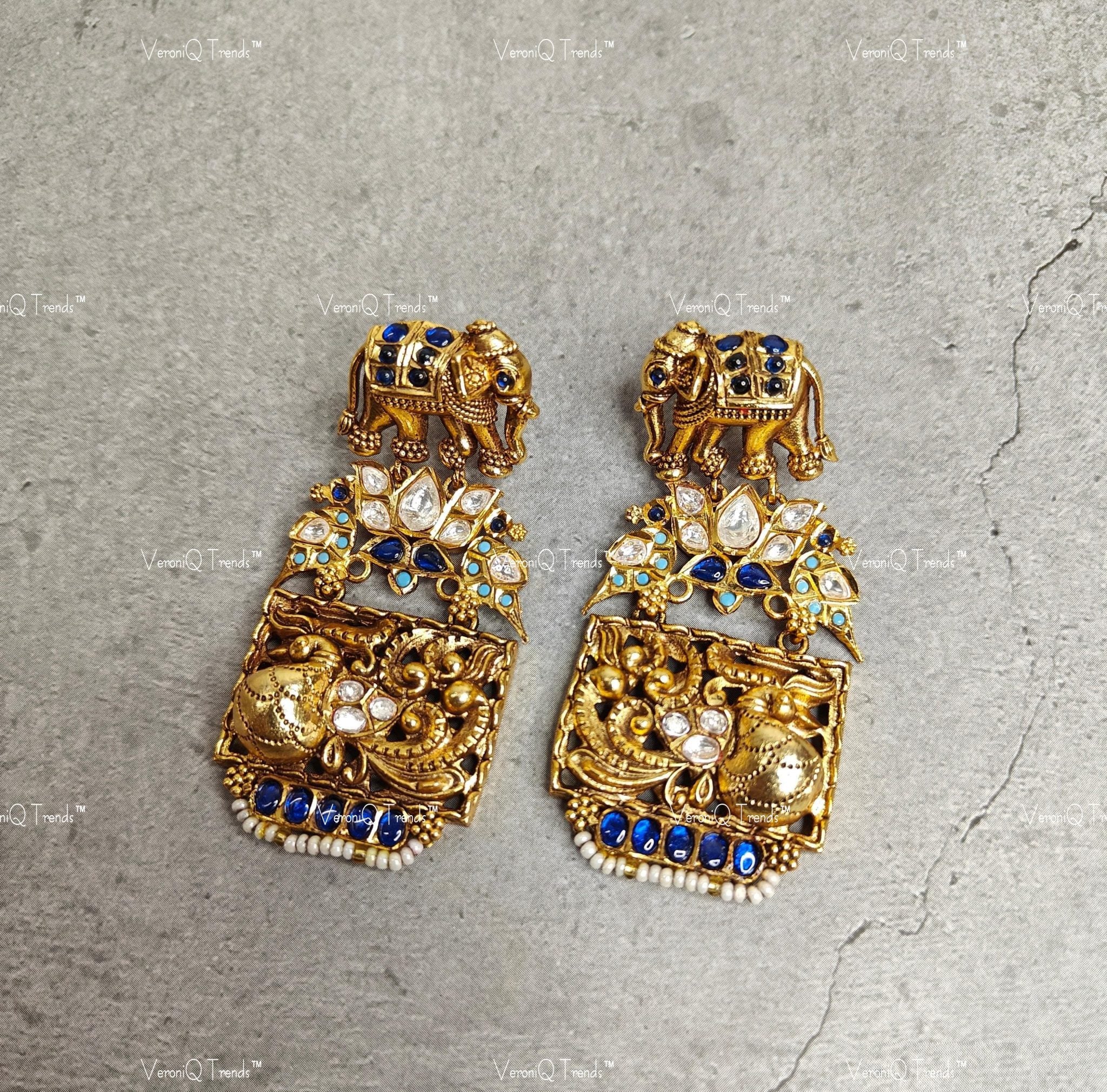 VeroniQ Trends-Elephant Design Gold Plated Polki Earrings Polki-Gold Plated-Wedding Jewellery-Punjabi Jewellery-South Indian-Thappa Jewellery