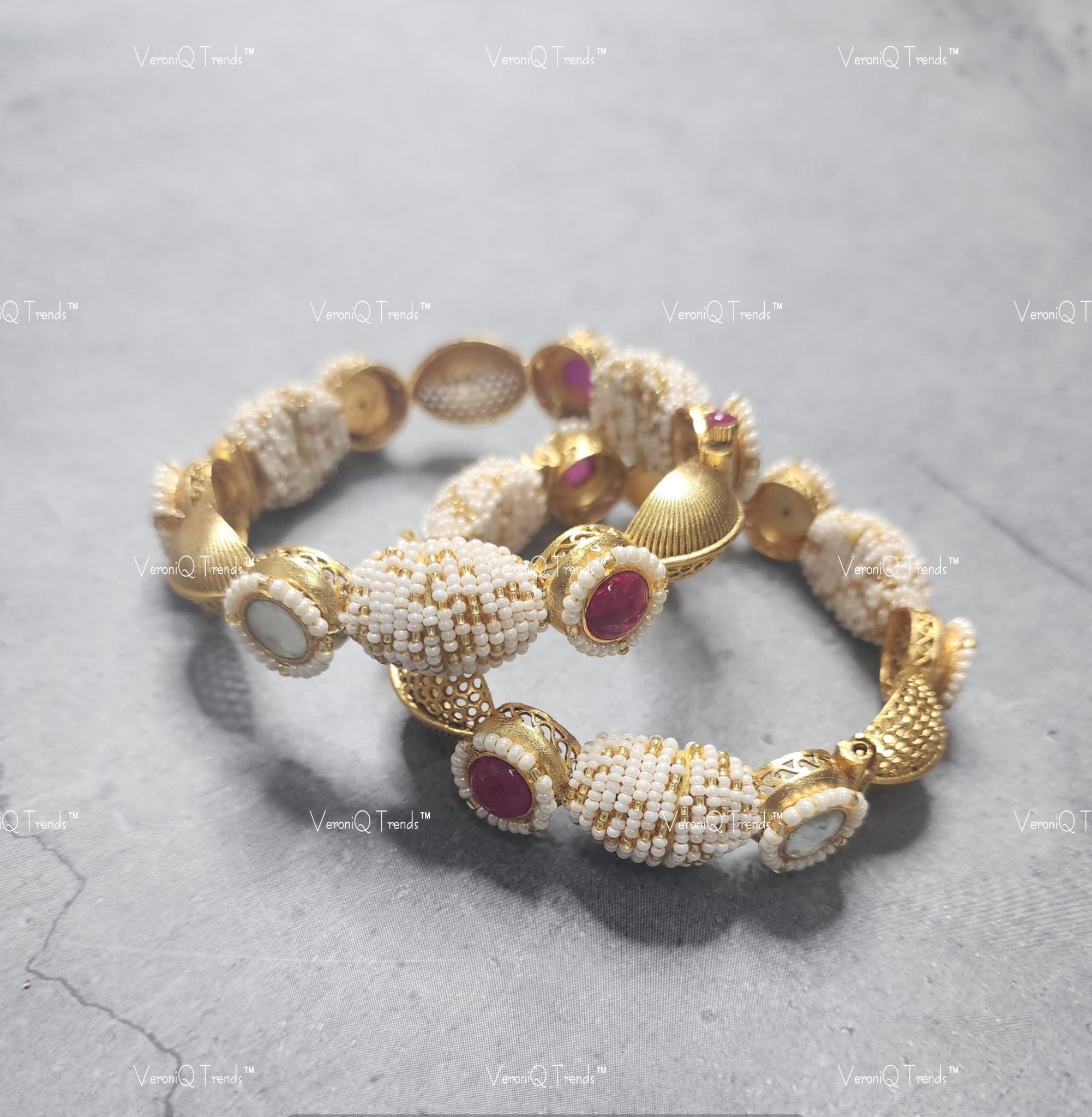 VeroniQ Trends-Designer Gold Plated Pearl and Polki Bangles Polki-Gold Plated-Wedding Jewellery-Punjabi Jewellery-South Indian-Thappa Jewellery