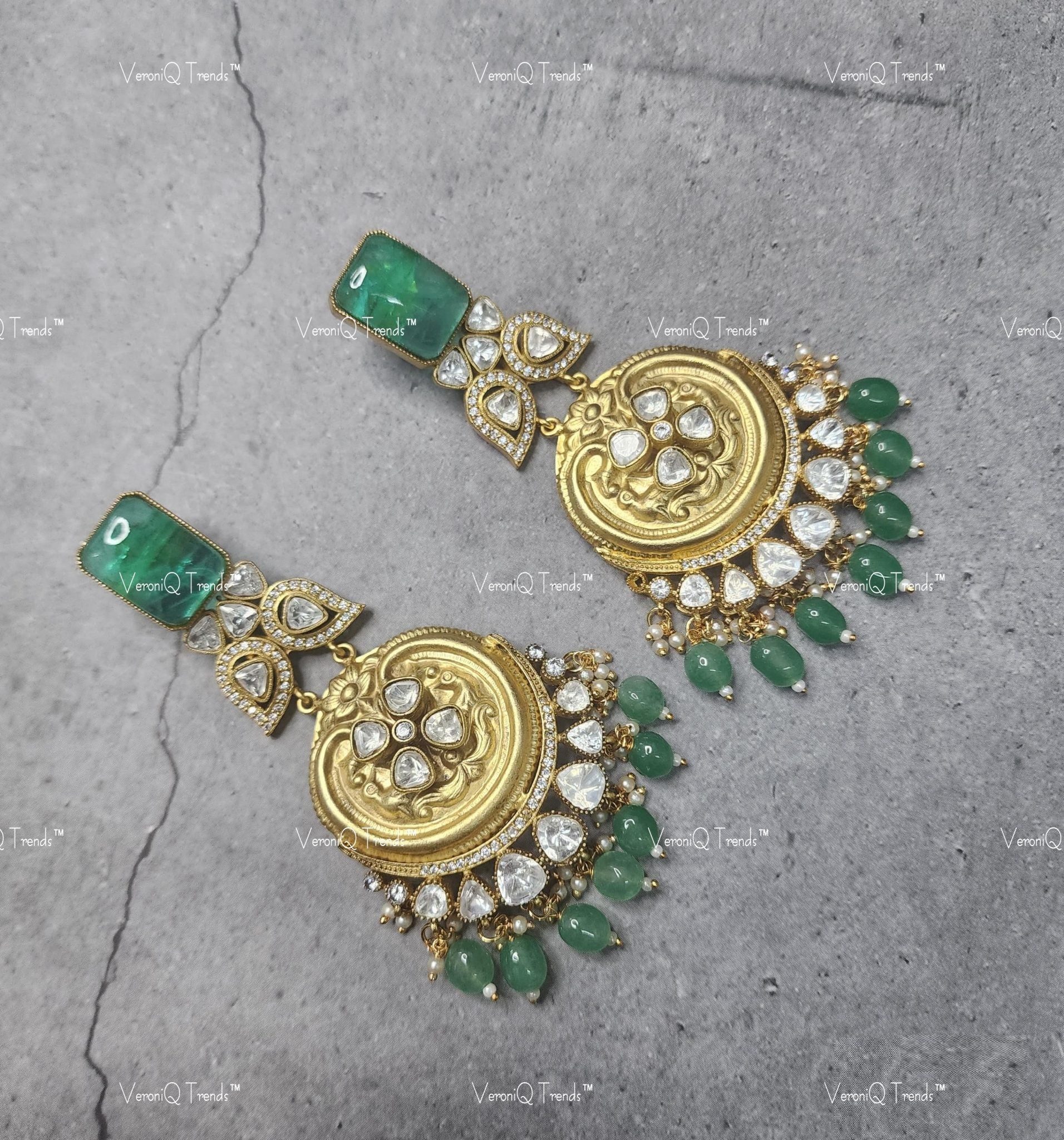 VeroniQ Trends-Traditional Dangler Emerald And Polki Earrings Polki-Emerald Stone-Gold Plated-Wedding Jewellery-Punjabi Jewellery-South Indian-Thappa Jewellery