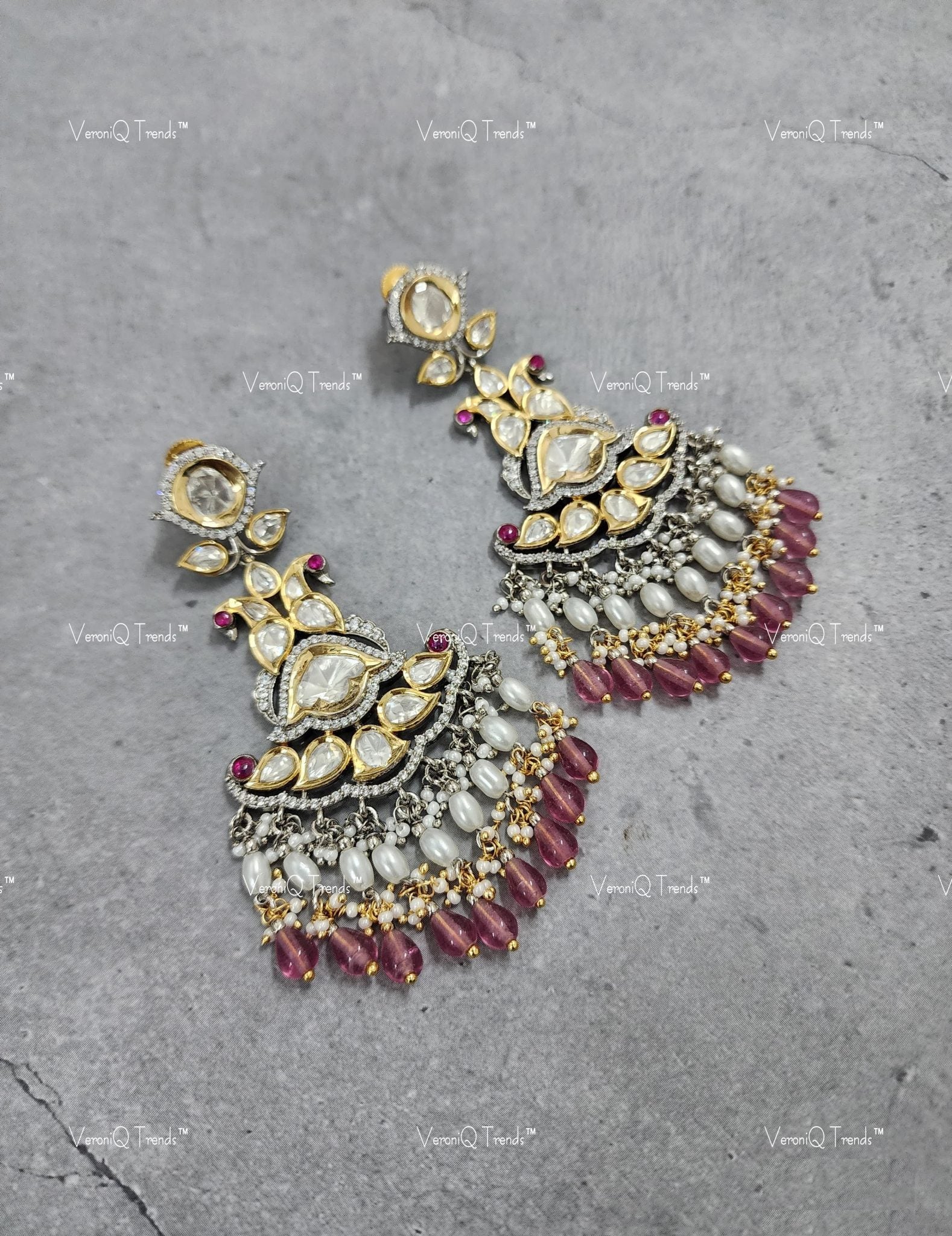 VeroniQ Trends-Traditional Dangler Polki Earrings Polki-Gold Plated-Wedding Jewellery-Punjabi Jewellery-South Indian-Thappa Jewellery