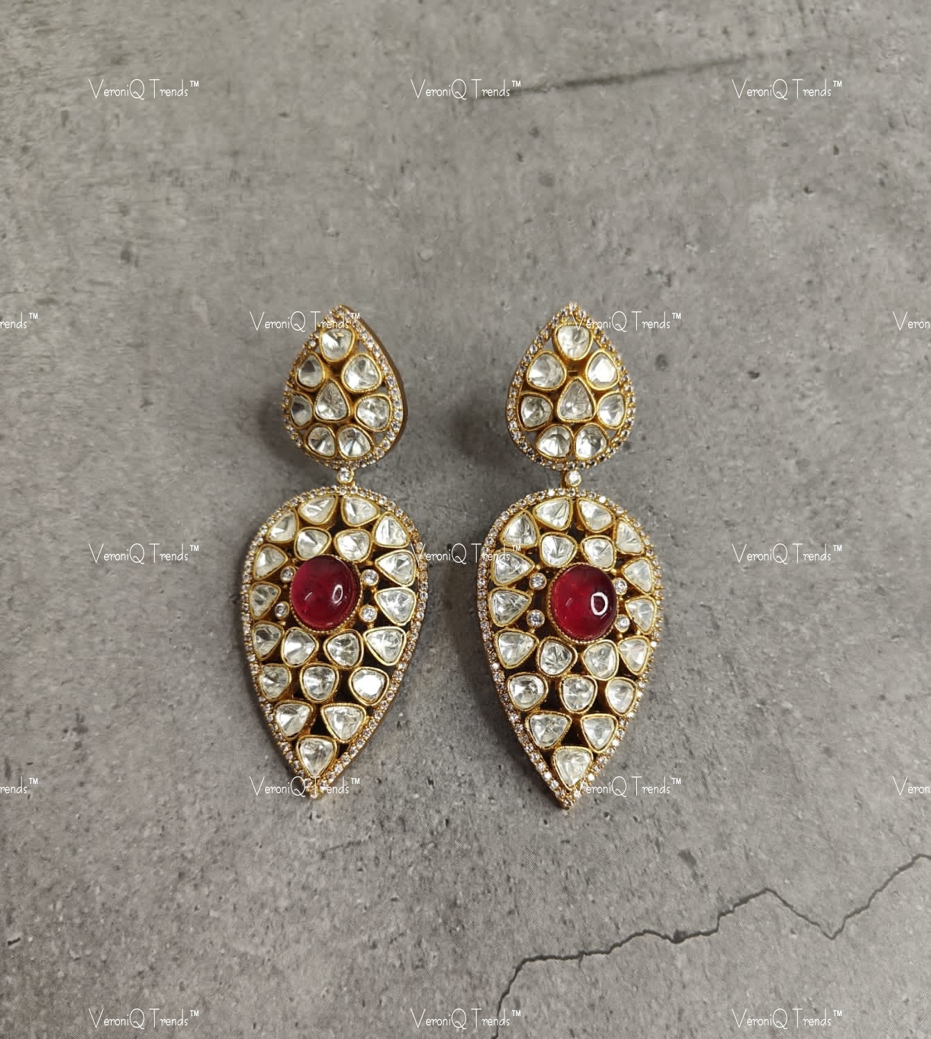 VeroniQ Trends-Drop Design Ruby And Polki Earrings Polki-Ruby Stone-Gold Plated-Wedding Jewellery-Punjabi Jewellery-South Indian-Thappa Jewellery