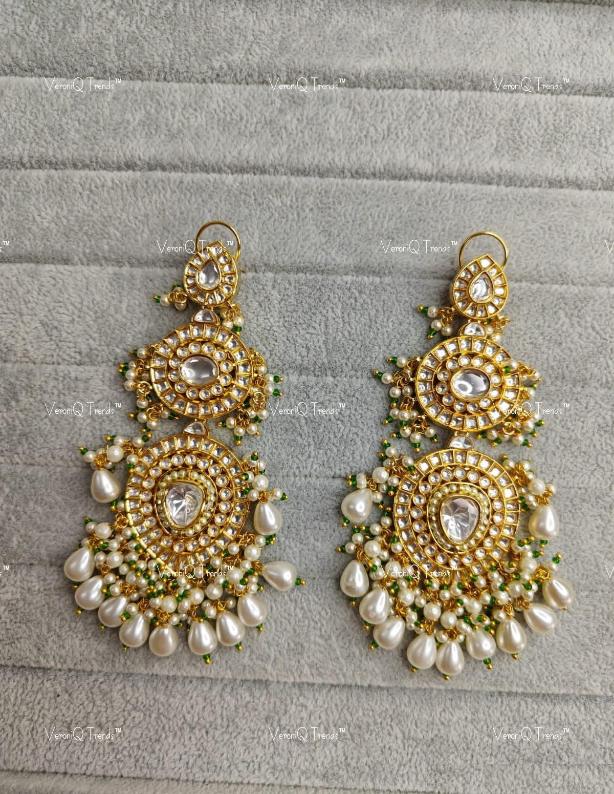 VeroniQ Trends-Traditional Gold Plated Pearl And Polki Earrings Polki-Gold Plated-Wedding Jewellery-Punjabi Jewellery-South Indian-Thappa Jewellery