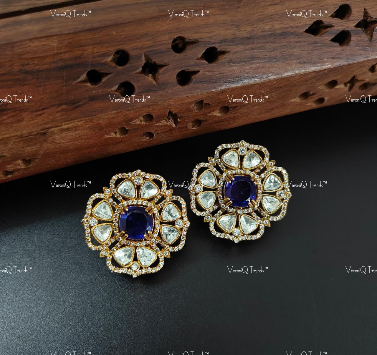 VeroniQ Trends-Floral Design Polki Earring Polki-Gold Plated-Wedding Jewellery-Punjabi Jewellery-South Indian-Thappa Jewellery