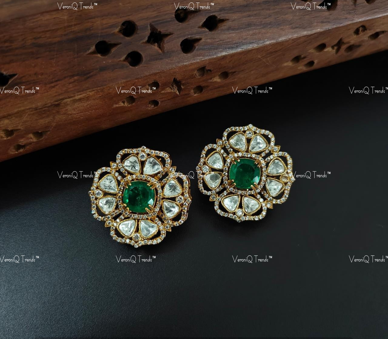 VeroniQ Trends-Floral Design Polki Earring Polki-Gold Plated-Wedding Jewellery-Punjabi Jewellery-South Indian-Thappa Jewellery