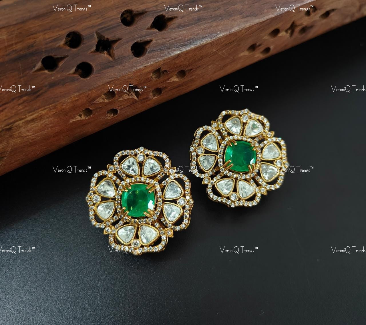 VeroniQ Trends-Floral Design Polki Earring Polki-Gold Plated-Wedding Jewellery-Punjabi Jewellery-South Indian-Thappa Jewellery