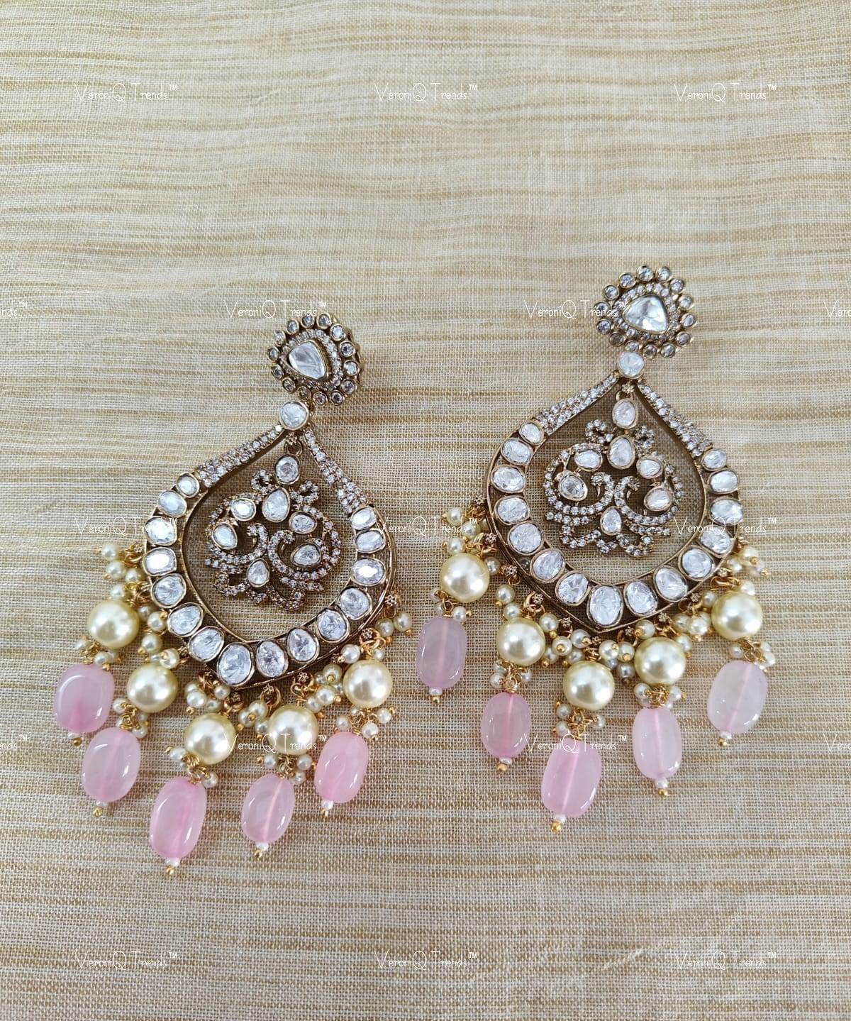 VeroniQ Trends-Baby Pink Beads And Polki Earring Polki-Gold Plated-Wedding Jewellery-Punjabi Jewellery-South Indian-Thappa Jewellery