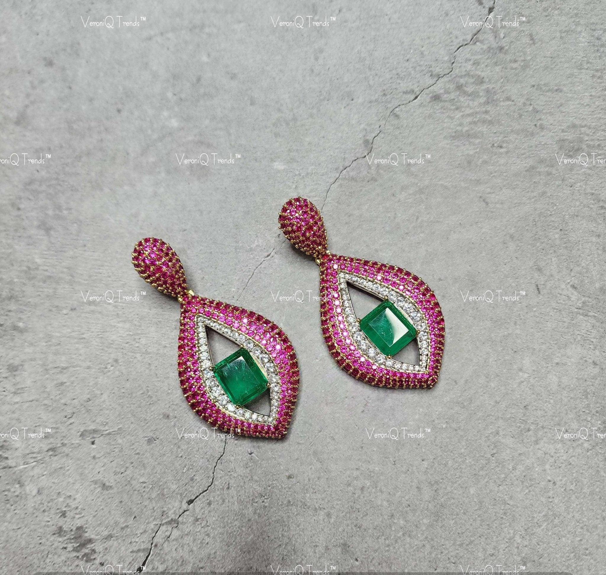 VeroniQ Trends-Ruby Pink Emerald And Polki Earrings Polki-Gold Plated-Wedding Jewellery-Punjabi Jewellery-South Indian-Thappa Jewellery