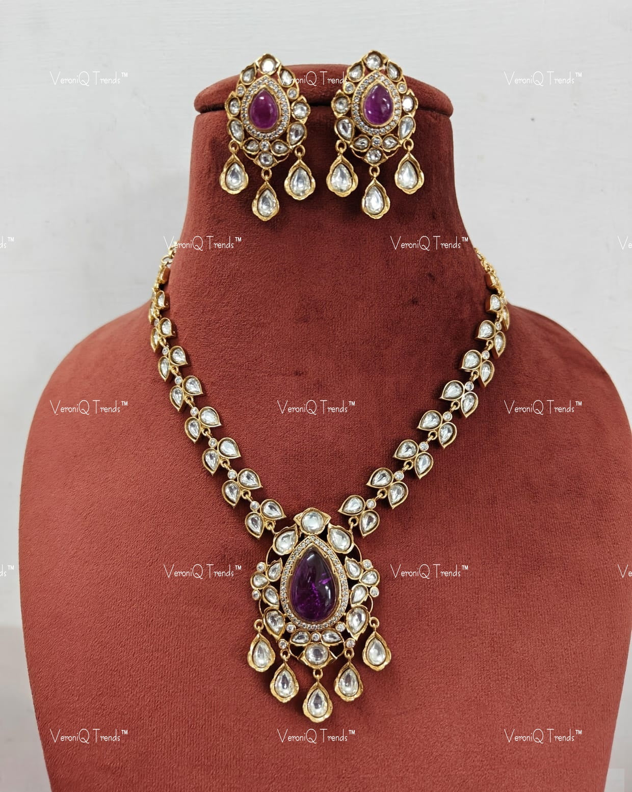 VeroniQ Trends-Victorian Designer Polki Mid Length Necklace Polki-Gold Plated-Wedding Jewelry-Punjabi Jewelry-South Indian-Thappa Jewelry