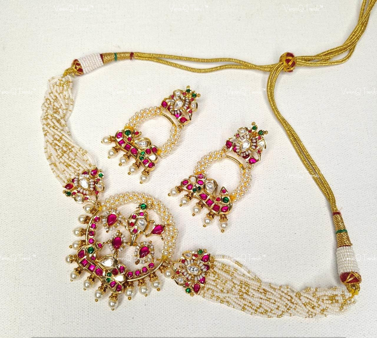 VeroniQ Trends-Traditional Multistrand Pearl And Polki Choker Necklace Polki-Gold Plated-Wedding Jewellery-Punjabi Jewellery-South Indian-Thappa Jewellery